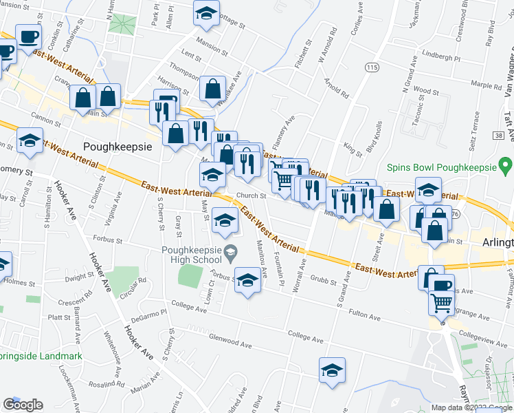 map of restaurants, bars, coffee shops, grocery stores, and more near 18 Manitou Avenue in Poughkeepsie