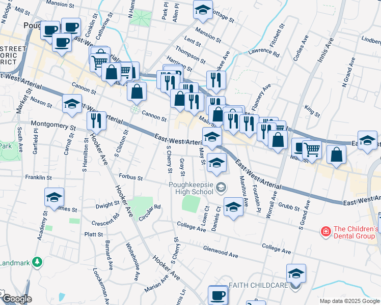 map of restaurants, bars, coffee shops, grocery stores, and more near 1 Gray Street in Poughkeepsie