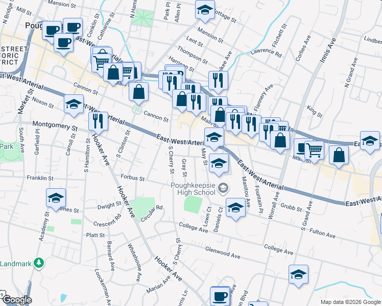 map of restaurants, bars, coffee shops, grocery stores, and more near 1 Gray Street in Poughkeepsie