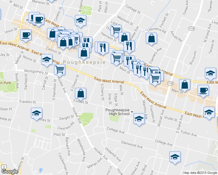 map of restaurants, bars, coffee shops, grocery stores, and more near 1 Gray Street in Poughkeepsie