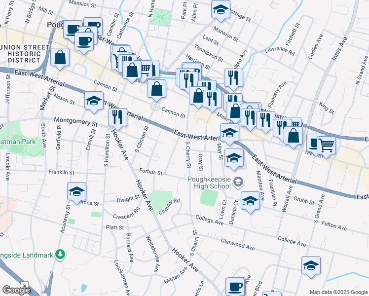 map of restaurants, bars, coffee shops, grocery stores, and more near 101 South Cherry Street in Poughkeepsie