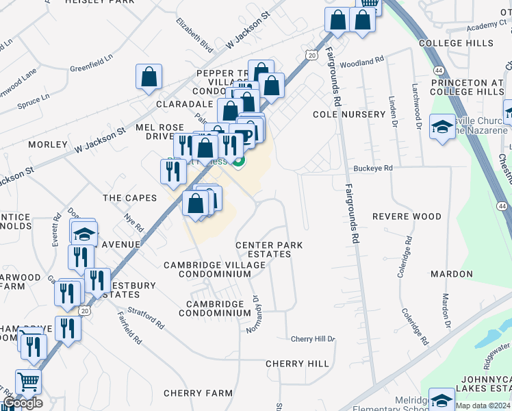 map of restaurants, bars, coffee shops, grocery stores, and more near 115 Normandy Drive in Painesville