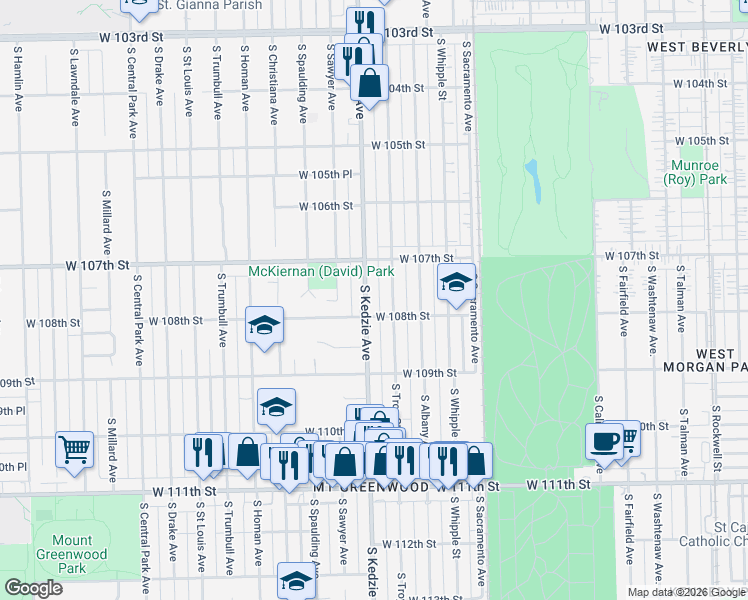 map of restaurants, bars, coffee shops, grocery stores, and more near 10801 South Kedzie Avenue in Chicago