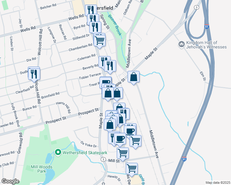 map of restaurants, bars, coffee shops, grocery stores, and more near 936 Silas Deane Highway in Wethersfield