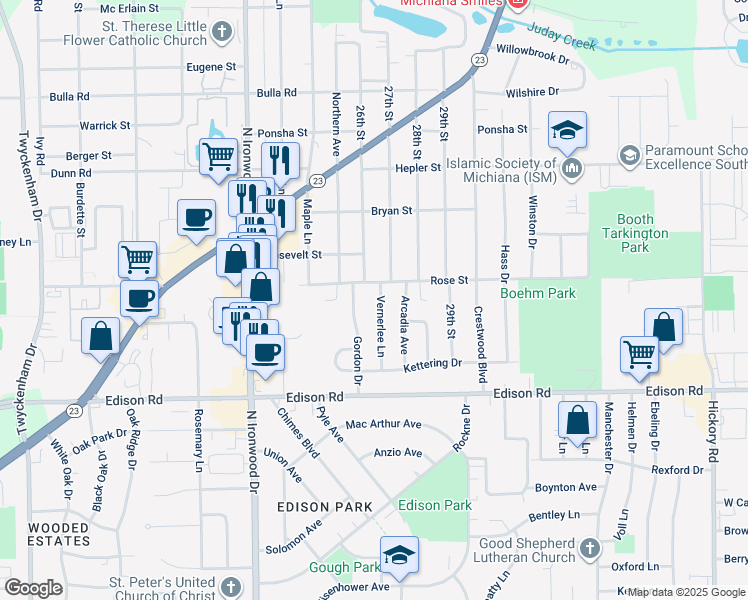 map of restaurants, bars, coffee shops, grocery stores, and more near 1633 Vernerlee Lane in South Bend