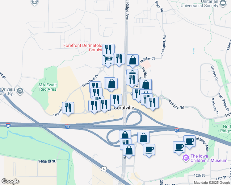 map of restaurants, bars, coffee shops, grocery stores, and more near 2795 Commerce Drive in Coralville