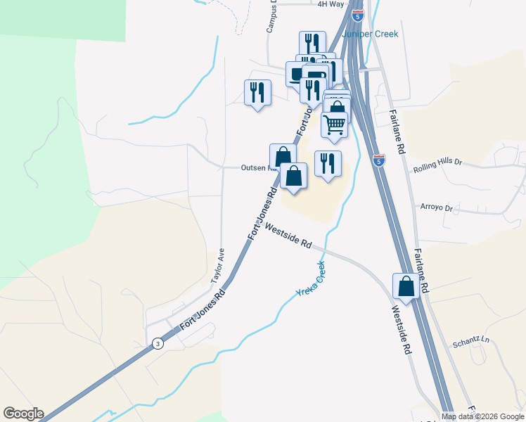 map of restaurants, bars, coffee shops, grocery stores, and more near 2051 Fort Jones Road in Yreka