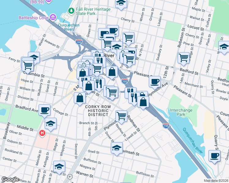 map of restaurants, bars, coffee shops, grocery stores, and more near 17 John Street in Fall River