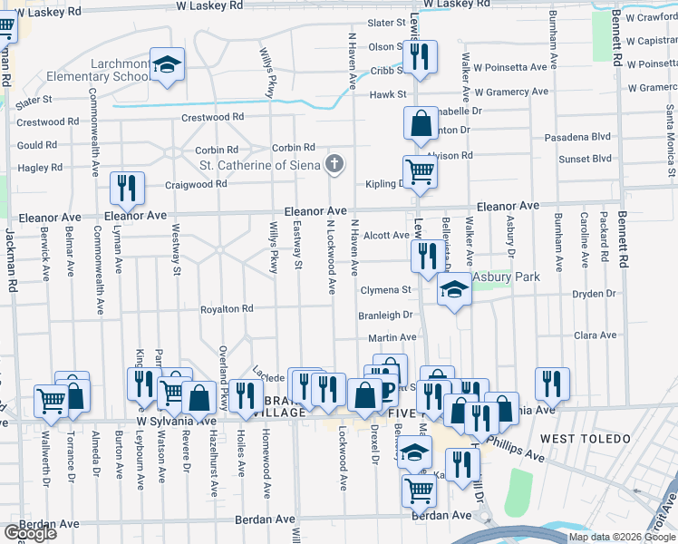 map of restaurants, bars, coffee shops, grocery stores, and more near 4308 North Lockwood Avenue in Toledo
