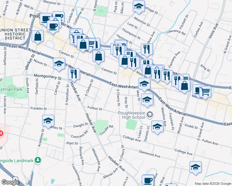map of restaurants, bars, coffee shops, grocery stores, and more near 101 South Cherry Street in Poughkeepsie