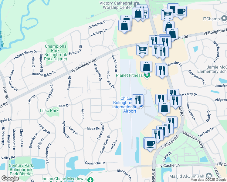 map of restaurants, bars, coffee shops, grocery stores, and more near 155 North Canyon Drive in Bolingbrook