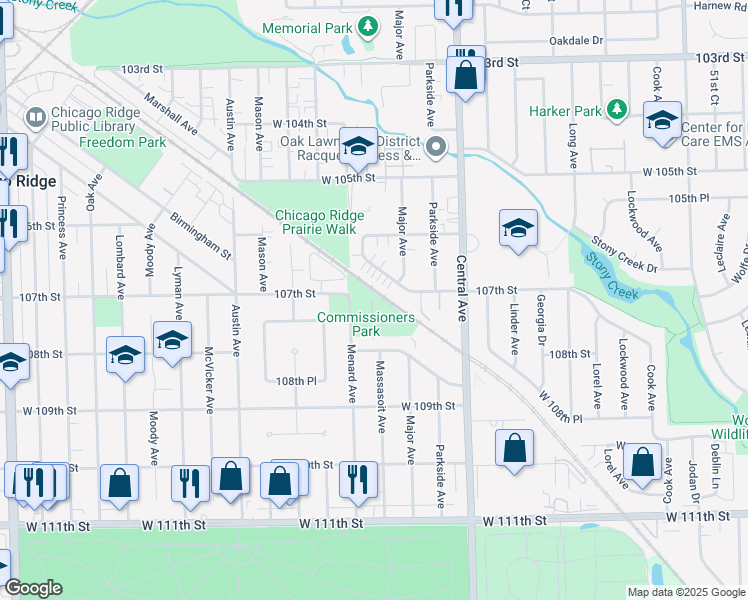 map of restaurants, bars, coffee shops, grocery stores, and more near 5754 West 107th Street in Chicago Ridge