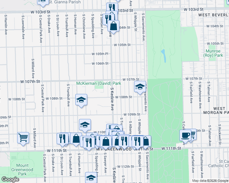 map of restaurants, bars, coffee shops, grocery stores, and more near 10801 South Kedzie Avenue in Chicago
