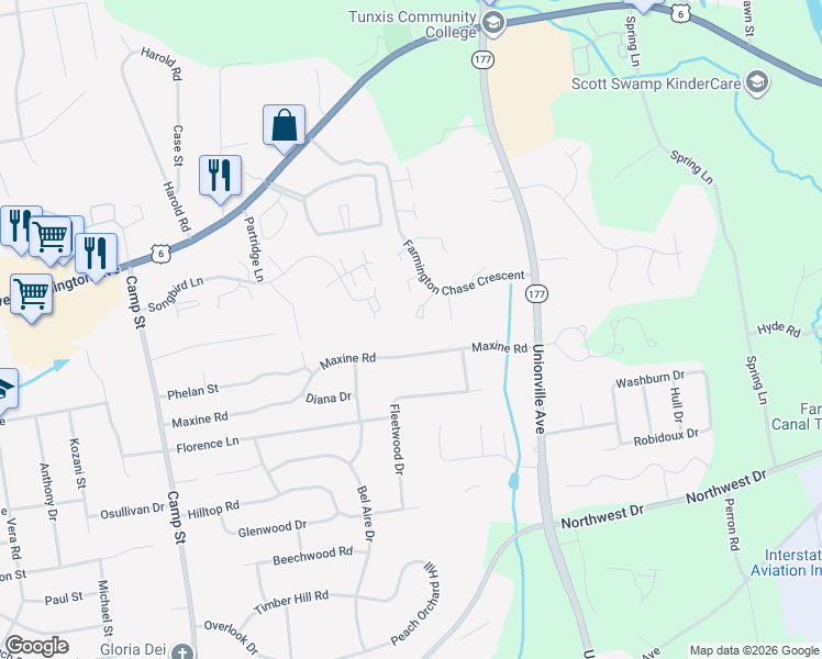 map of restaurants, bars, coffee shops, grocery stores, and more near 55 Maxine Road in Plainville