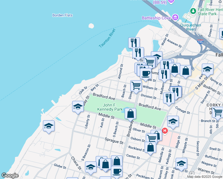 map of restaurants, bars, coffee shops, grocery stores, and more near 111 Division Street in Fall River