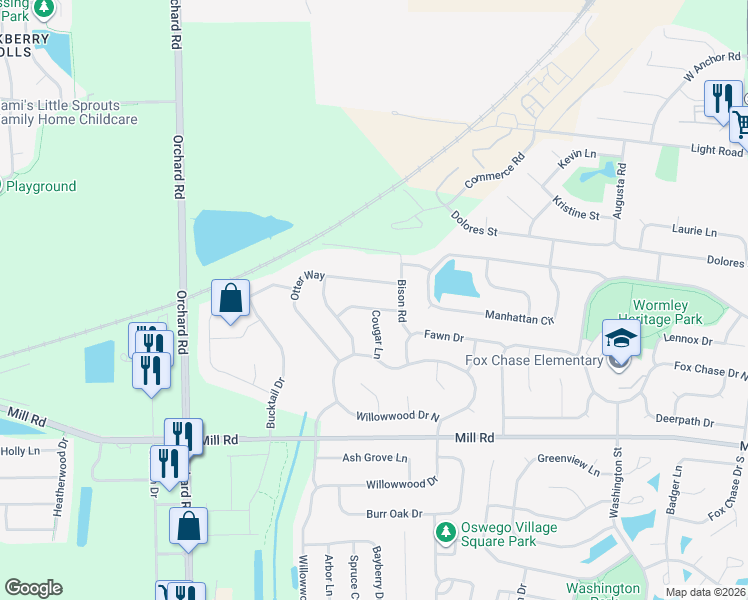 map of restaurants, bars, coffee shops, grocery stores, and more near 803 Cougar Lane in Oswego