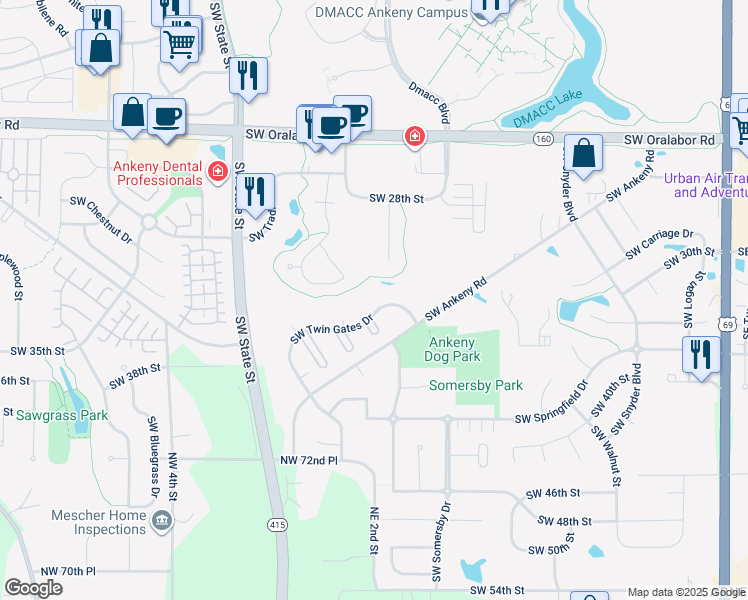 map of restaurants, bars, coffee shops, grocery stores, and more near 1304 Southwest Twin Gates Drive in Ankeny