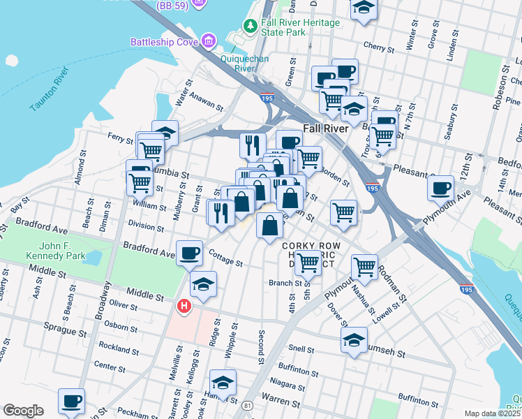 map of restaurants, bars, coffee shops, grocery stores, and more near 427 2nd Street in Fall River