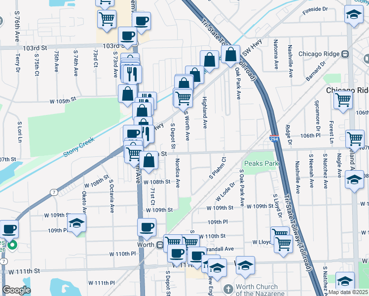 map of restaurants, bars, coffee shops, grocery stores, and more near 7001 West 107th Street in Worth