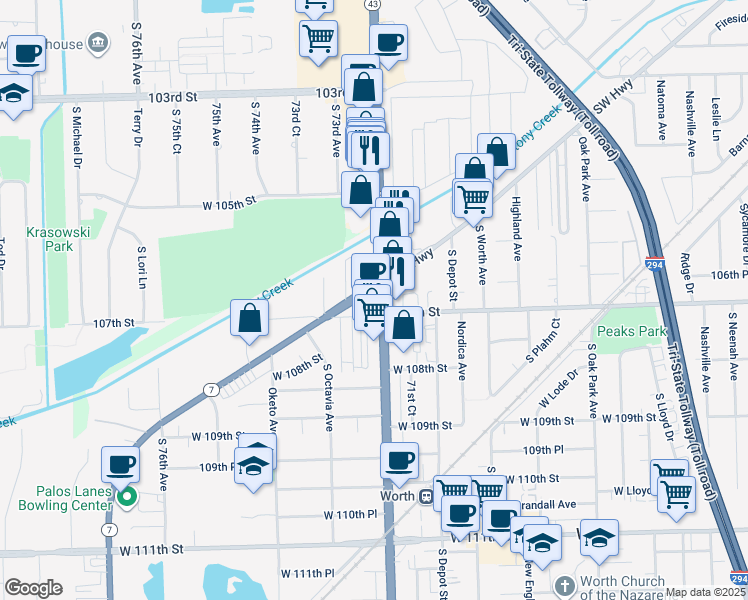 map of restaurants, bars, coffee shops, grocery stores, and more near 10700 South Harlem Avenue in Worth