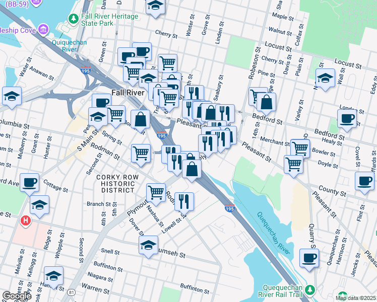 map of restaurants, bars, coffee shops, grocery stores, and more near 672 Second Street in Fall River
