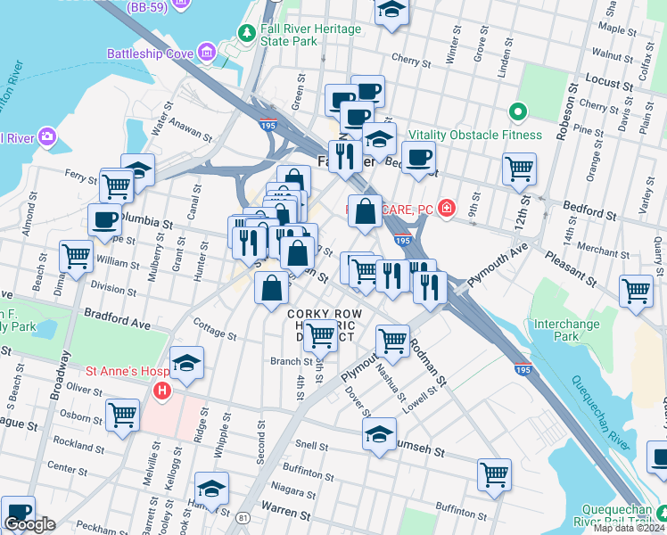 map of restaurants, bars, coffee shops, grocery stores, and more near 208 Rodman Street in Fall River