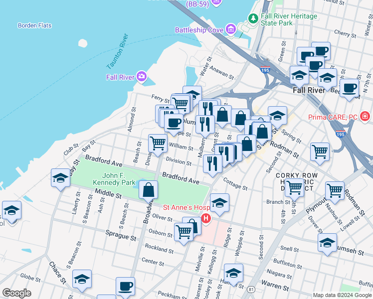 map of restaurants, bars, coffee shops, grocery stores, and more near 424 Division Street in Fall River