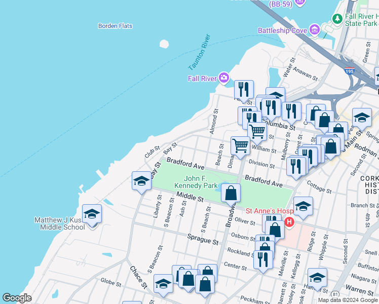 map of restaurants, bars, coffee shops, grocery stores, and more near 116 Howard Street in Fall River