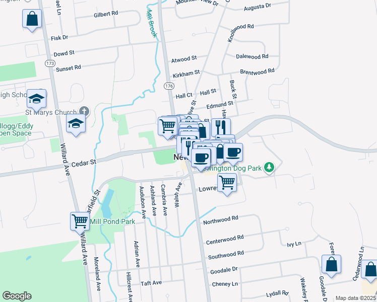map of restaurants, bars, coffee shops, grocery stores, and more near in Newington