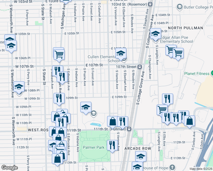 map of restaurants, bars, coffee shops, grocery stores, and more near 10837 South King Drive in Chicago