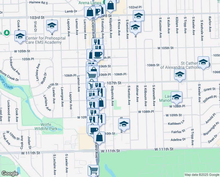 map of restaurants, bars, coffee shops, grocery stores, and more near 10732 Kilpatrick Avenue in Oak Lawn