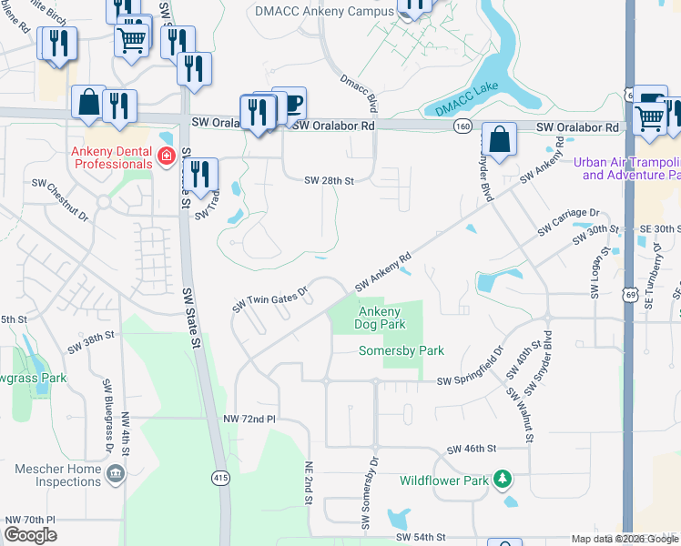 map of restaurants, bars, coffee shops, grocery stores, and more near 1128 Southwest Ankeny Road in Ankeny