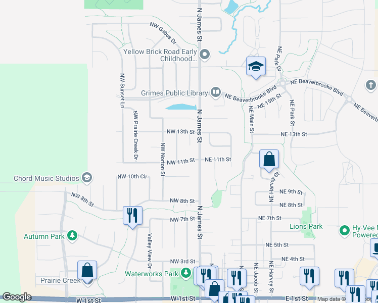 map of restaurants, bars, coffee shops, grocery stores, and more near 100 Northwest 11th Street in Grimes