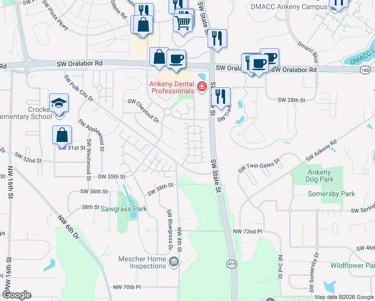 map of restaurants, bars, coffee shops, grocery stores, and more near 3202 Southwest Sharmin Lane in Ankeny