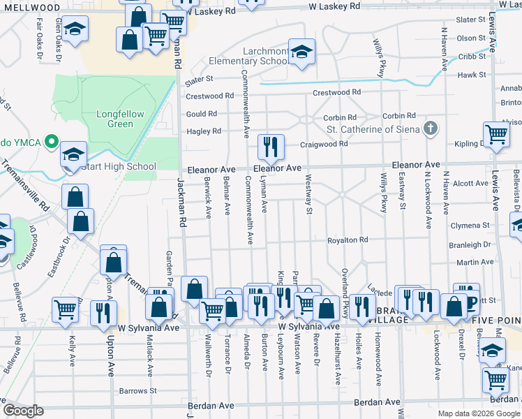 map of restaurants, bars, coffee shops, grocery stores, and more near 4331 Lyman Avenue in Toledo