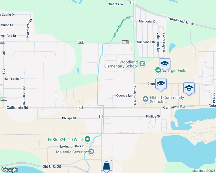 map of restaurants, bars, coffee shops, grocery stores, and more near 28941 Buttercup Lane in Elkhart