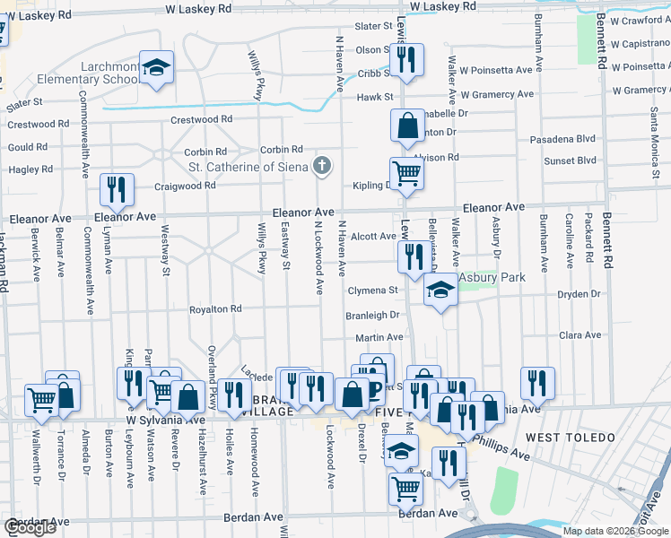 map of restaurants, bars, coffee shops, grocery stores, and more near 4308 North Lockwood Avenue in Toledo