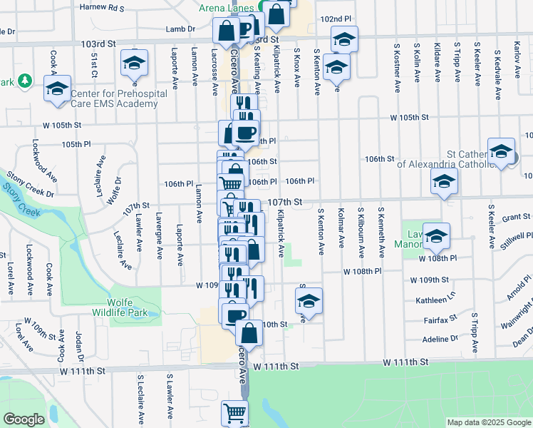 map of restaurants, bars, coffee shops, grocery stores, and more near 10732 Kilpatrick Avenue in Oak Lawn
