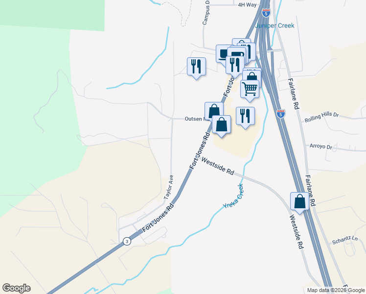 map of restaurants, bars, coffee shops, grocery stores, and more near 2051 Fort Jones Road in Yreka