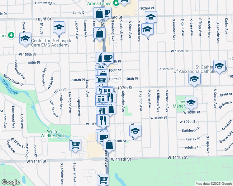 map of restaurants, bars, coffee shops, grocery stores, and more near 10707 Keating Avenue in Oak Lawn