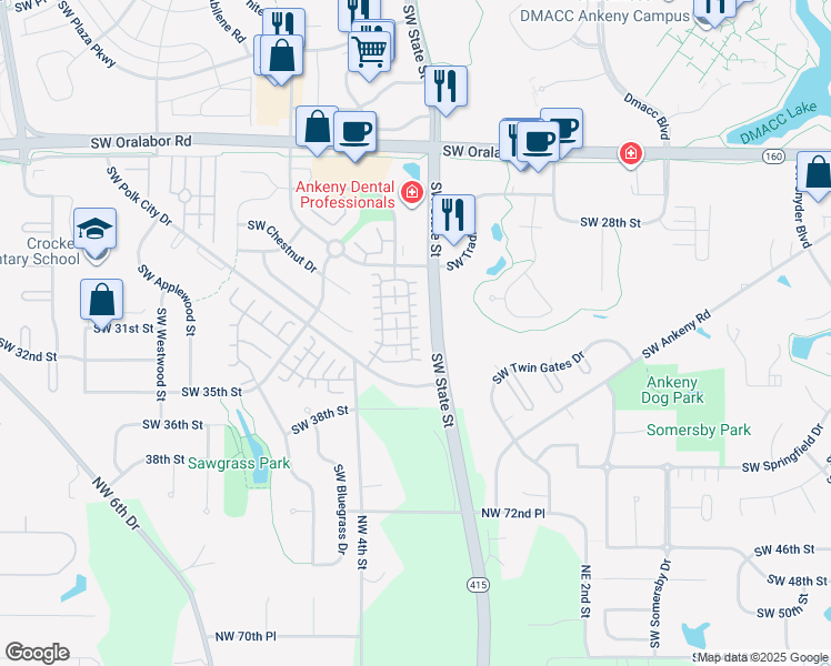 map of restaurants, bars, coffee shops, grocery stores, and more near 3127 Southwest Arlan Lane in Ankeny