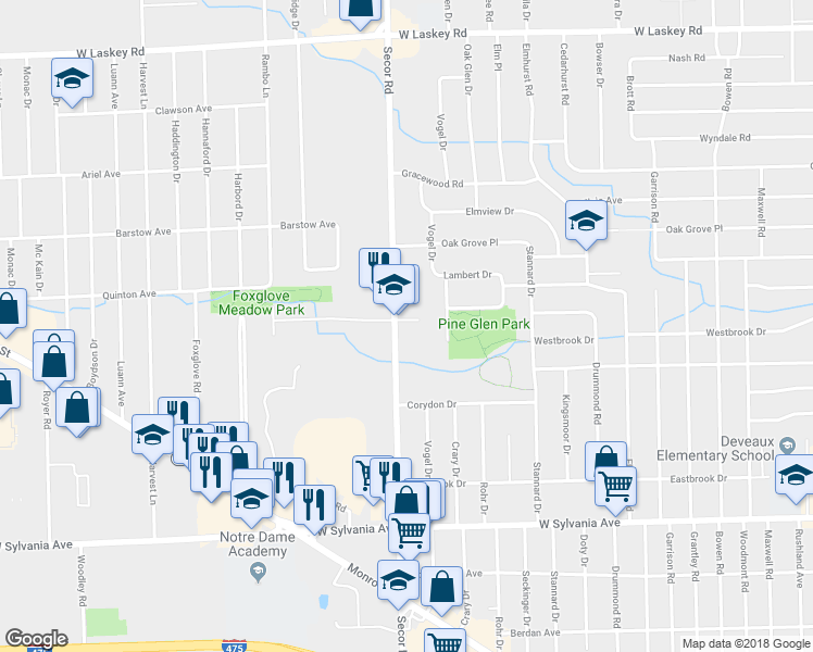 map of restaurants, bars, coffee shops, grocery stores, and more near 4404 Secor Road in Toledo