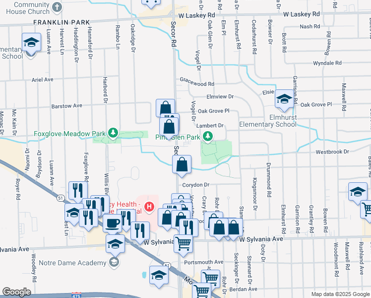 map of restaurants, bars, coffee shops, grocery stores, and more near 4404 Secor Road in Toledo