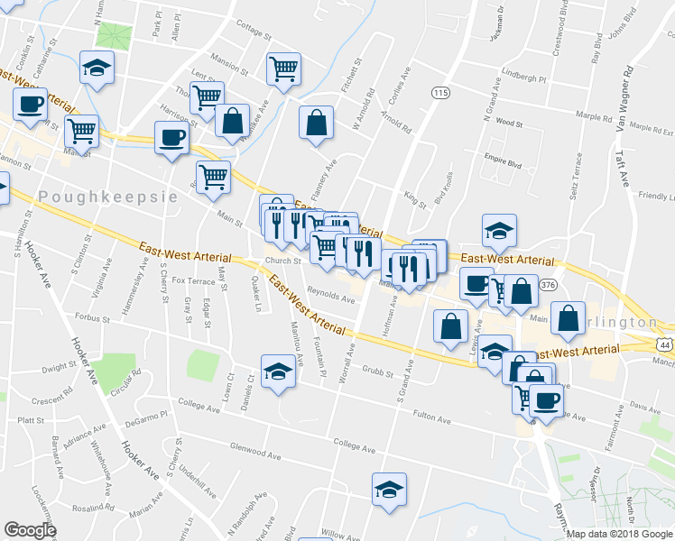 map of restaurants, bars, coffee shops, grocery stores, and more near 693 Main St in Poughkeepsie