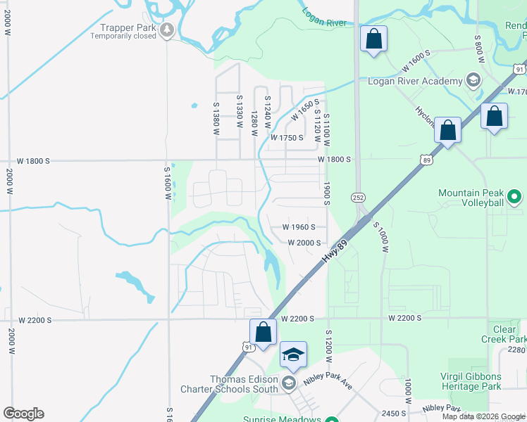 map of restaurants, bars, coffee shops, grocery stores, and more near 1935 South 1250 West in Logan