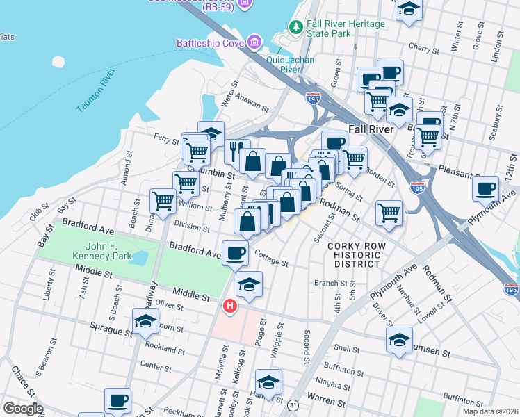 map of restaurants, bars, coffee shops, grocery stores, and more near 30 Hunter Street in Fall River