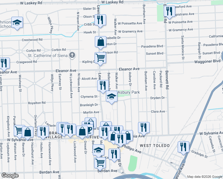 map of restaurants, bars, coffee shops, grocery stores, and more near 4409 Walker Avenue in Toledo