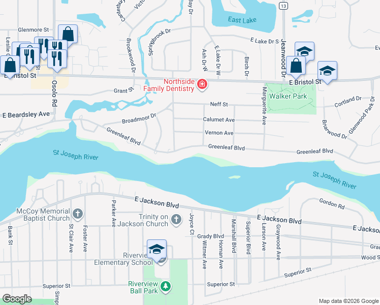 map of restaurants, bars, coffee shops, grocery stores, and more near 2803 Vernon Avenue in Elkhart