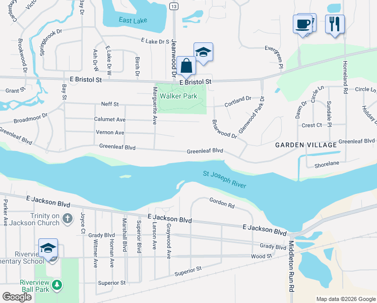 map of restaurants, bars, coffee shops, grocery stores, and more near 3342 Greenleaf Boulevard in Elkhart