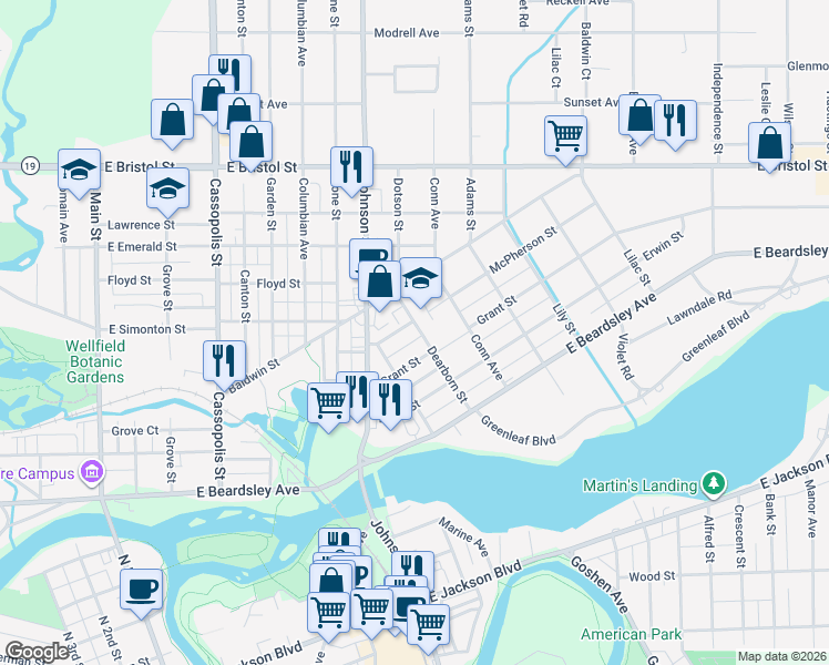 map of restaurants, bars, coffee shops, grocery stores, and more near 1000 McPherson Street in Elkhart